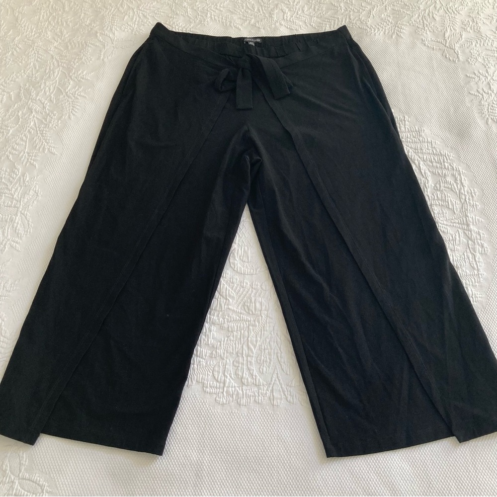Eileen Fisher Black Cropped Wide-Leg Tie-Front Pants - Picture 3 of 13